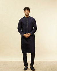 Twamev Men Dark Blue Silver Thread Jacket Set