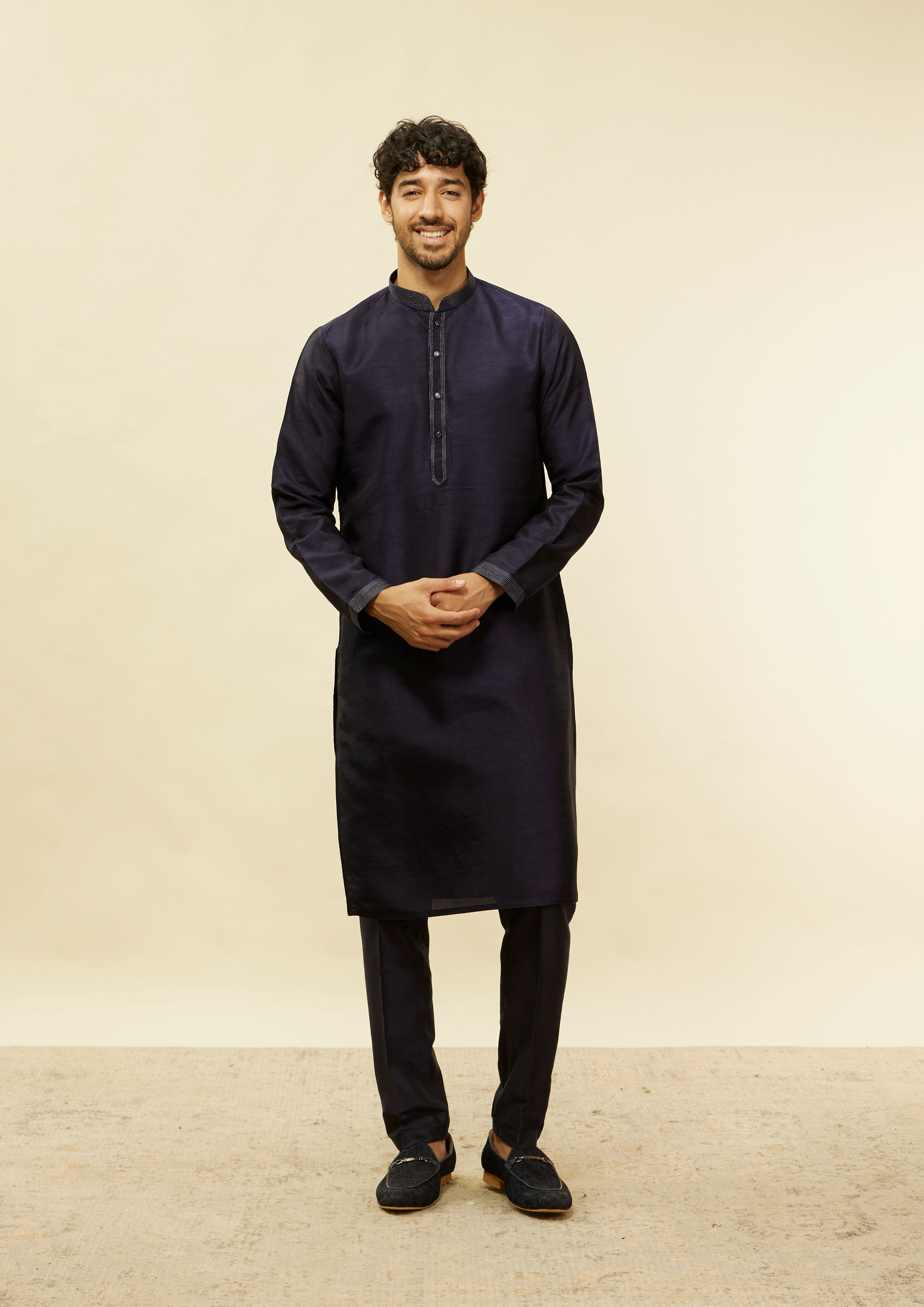 Twamev Men Dark Blue Silver Thread Jacket Set