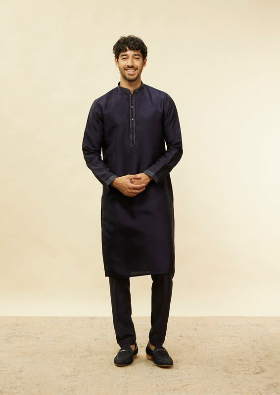 Twamev Men Dark Blue Silver Thread Jacket Set
