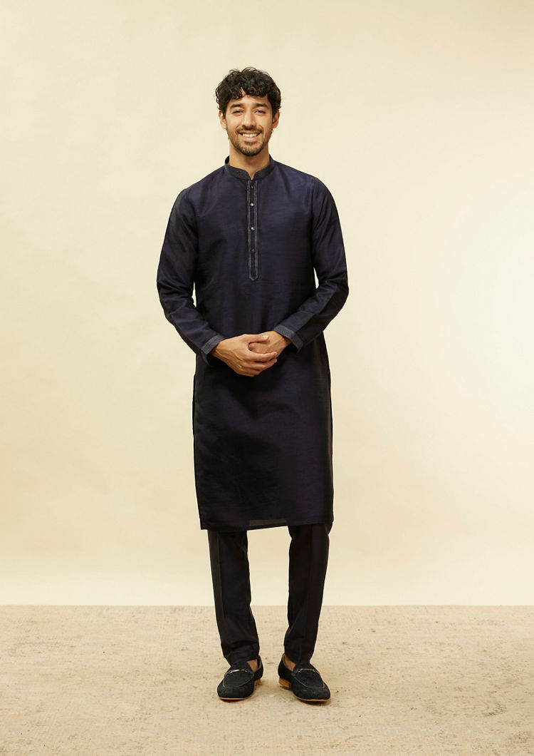Twamev Men Dark Blue Silver Thread Jacket Set