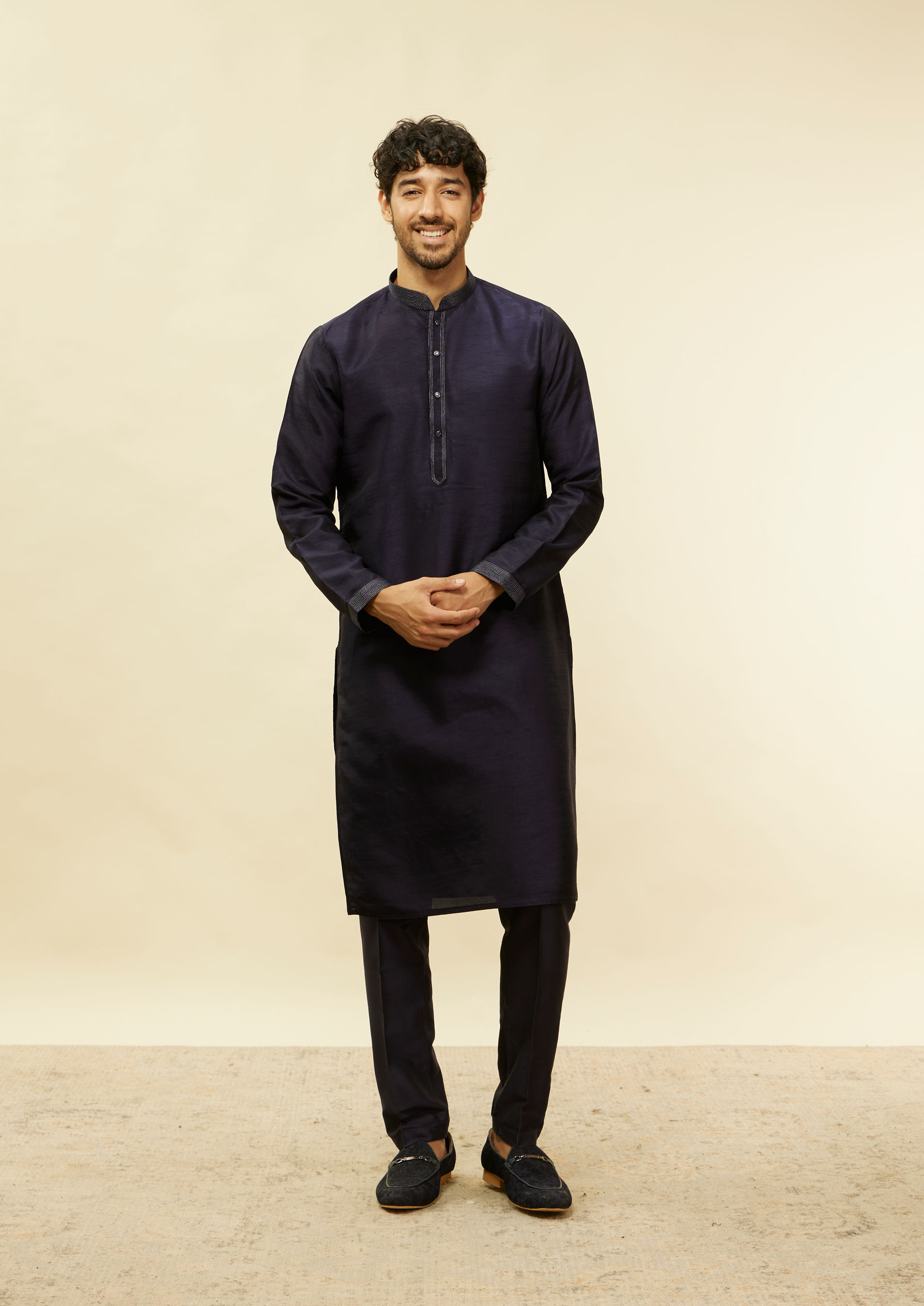 Twamev Men Dark Blue Silver Thread Jacket Set