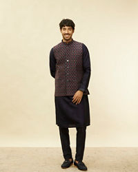 Twamev Men Dark Blue Silver Thread Jacket Set