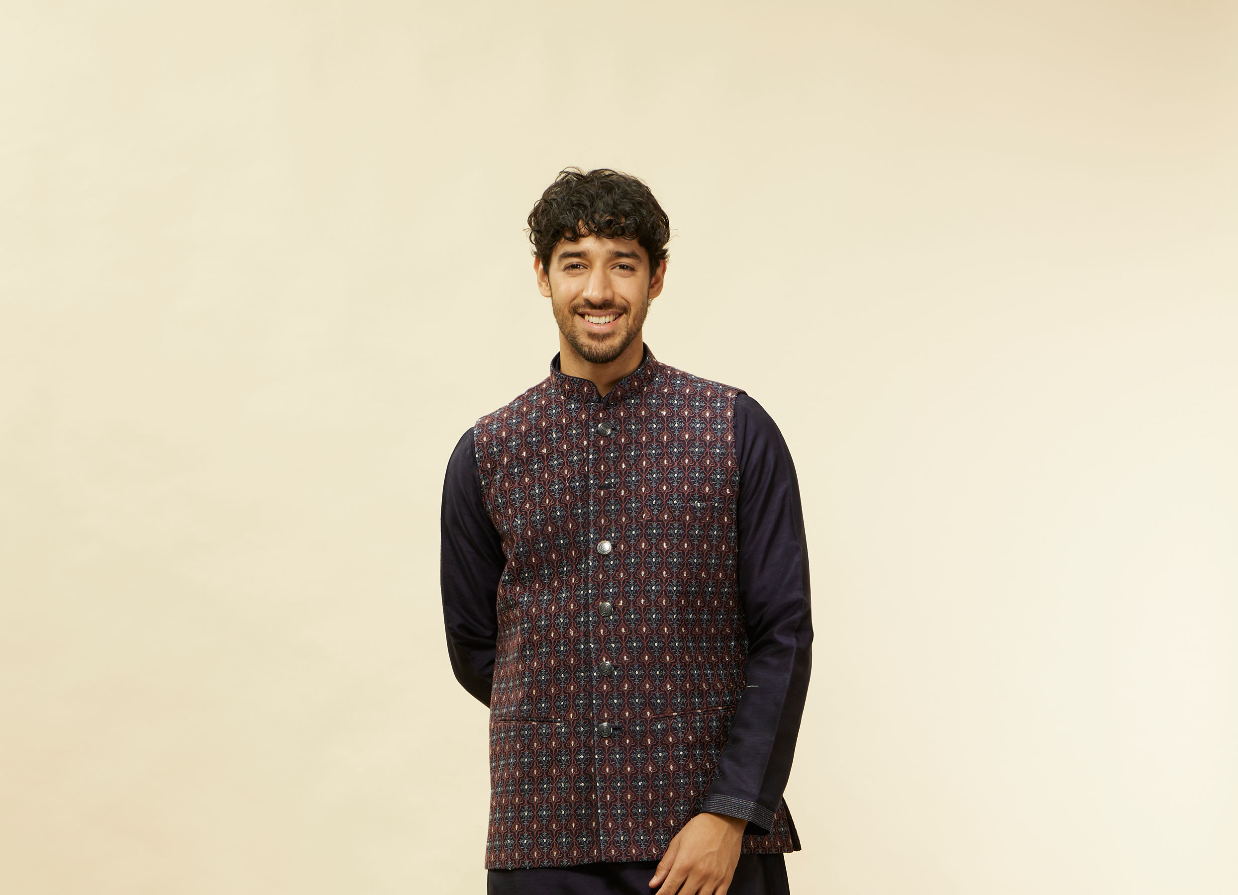 Twamev Men Dark Blue Silver Thread Jacket Set