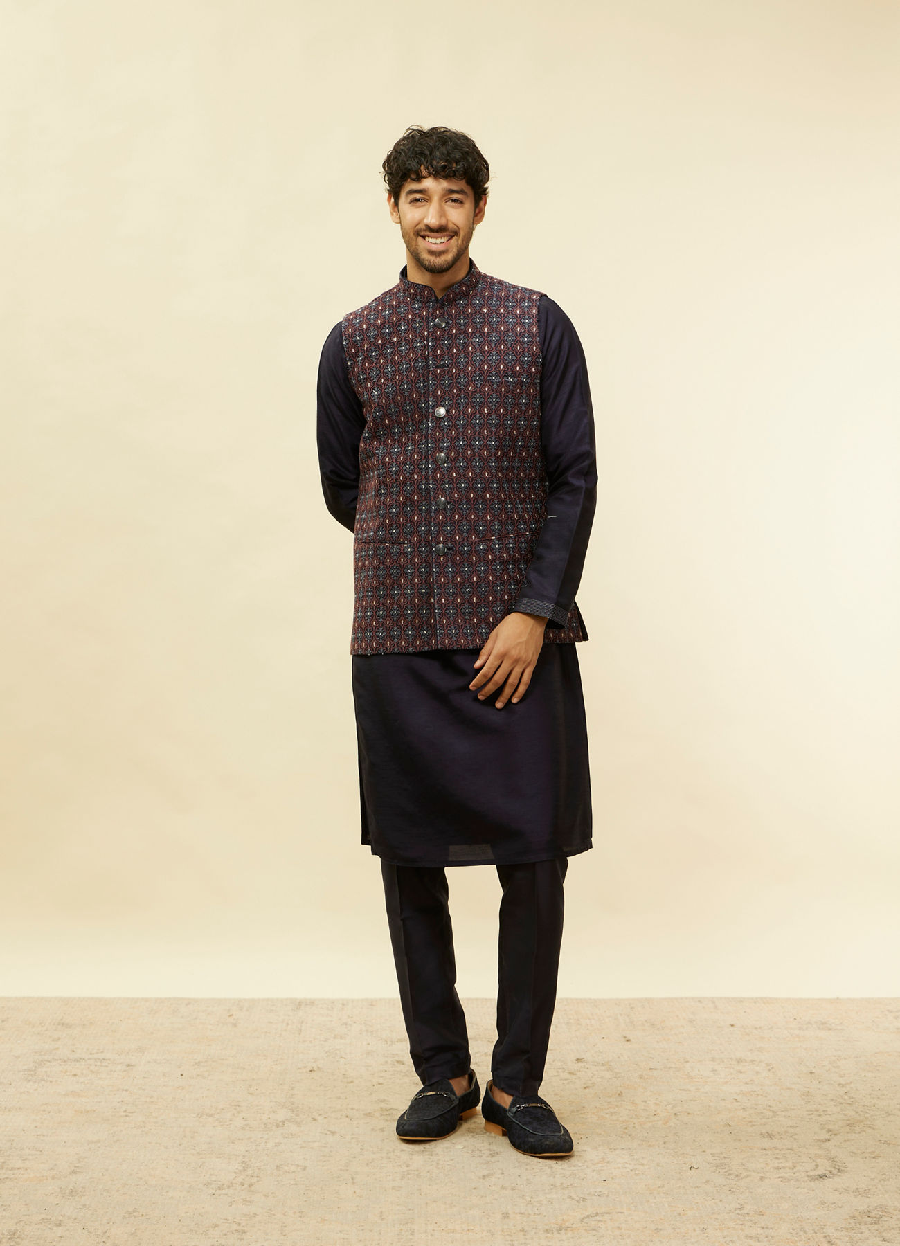 Twamev Men Dark Blue Silver Thread Jacket Set