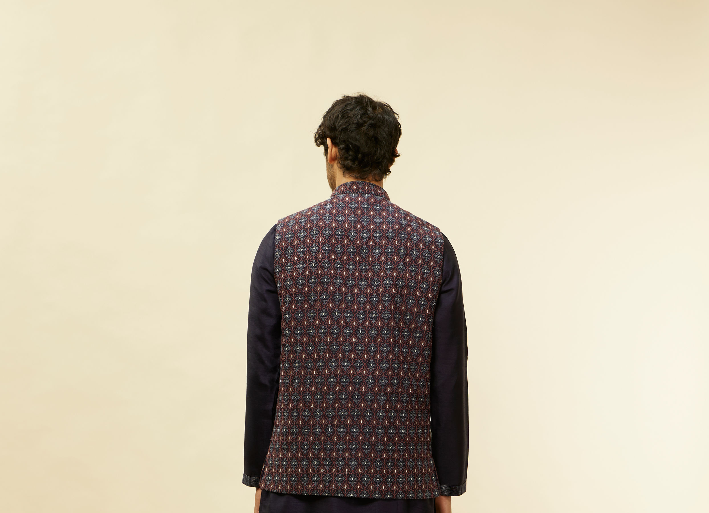 Twamev Men Dark Blue Silver Thread Jacket Set