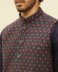 Twamev Men Dark Blue Silver Thread Jacket Set