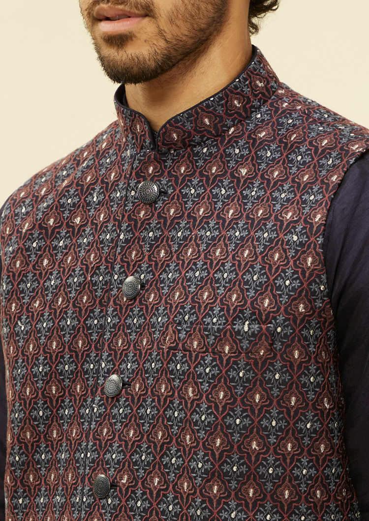 Twamev Men Dark Blue Silver Thread Jacket Set