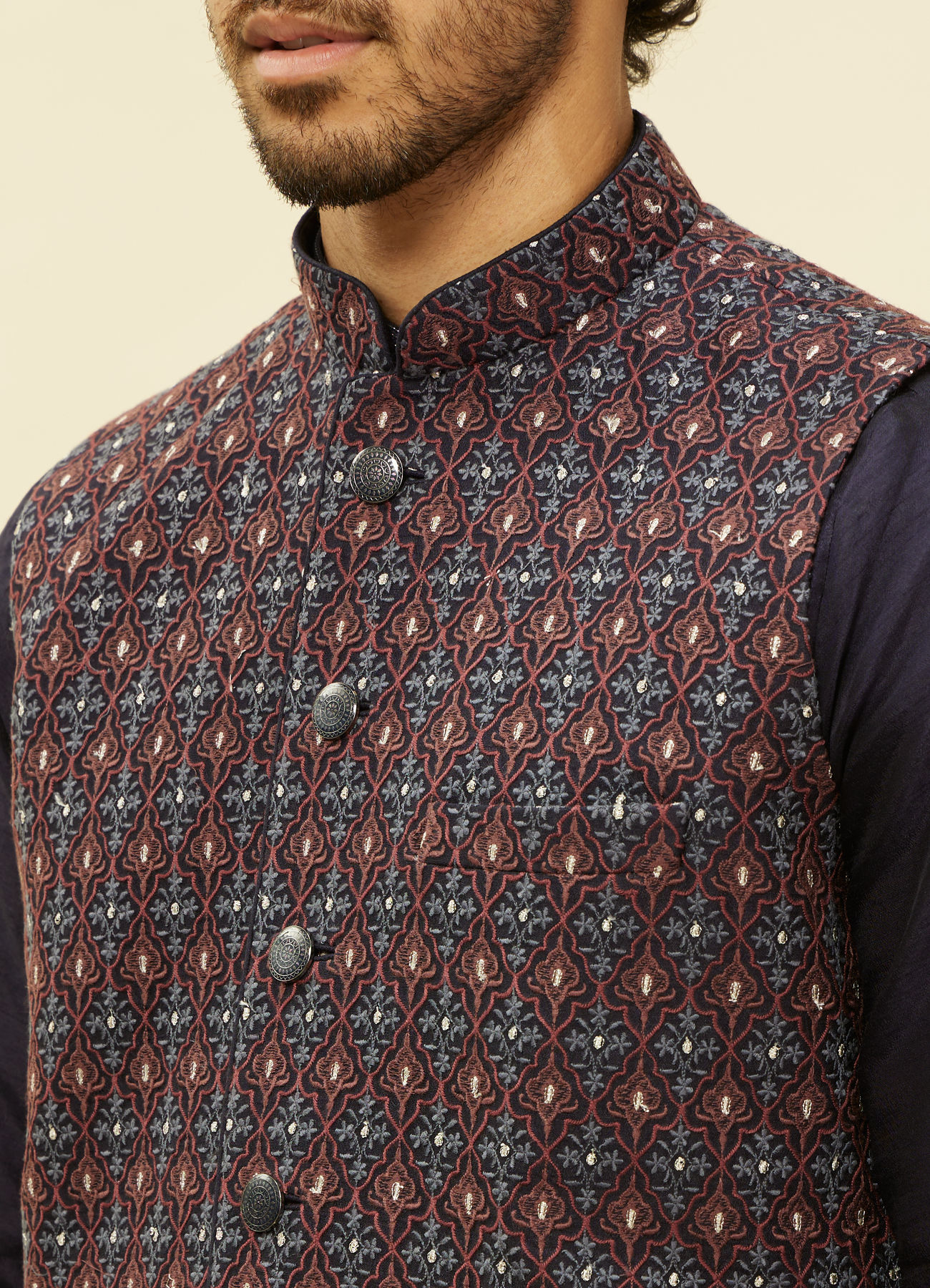 Twamev Men Dark Blue Silver Thread Jacket Set