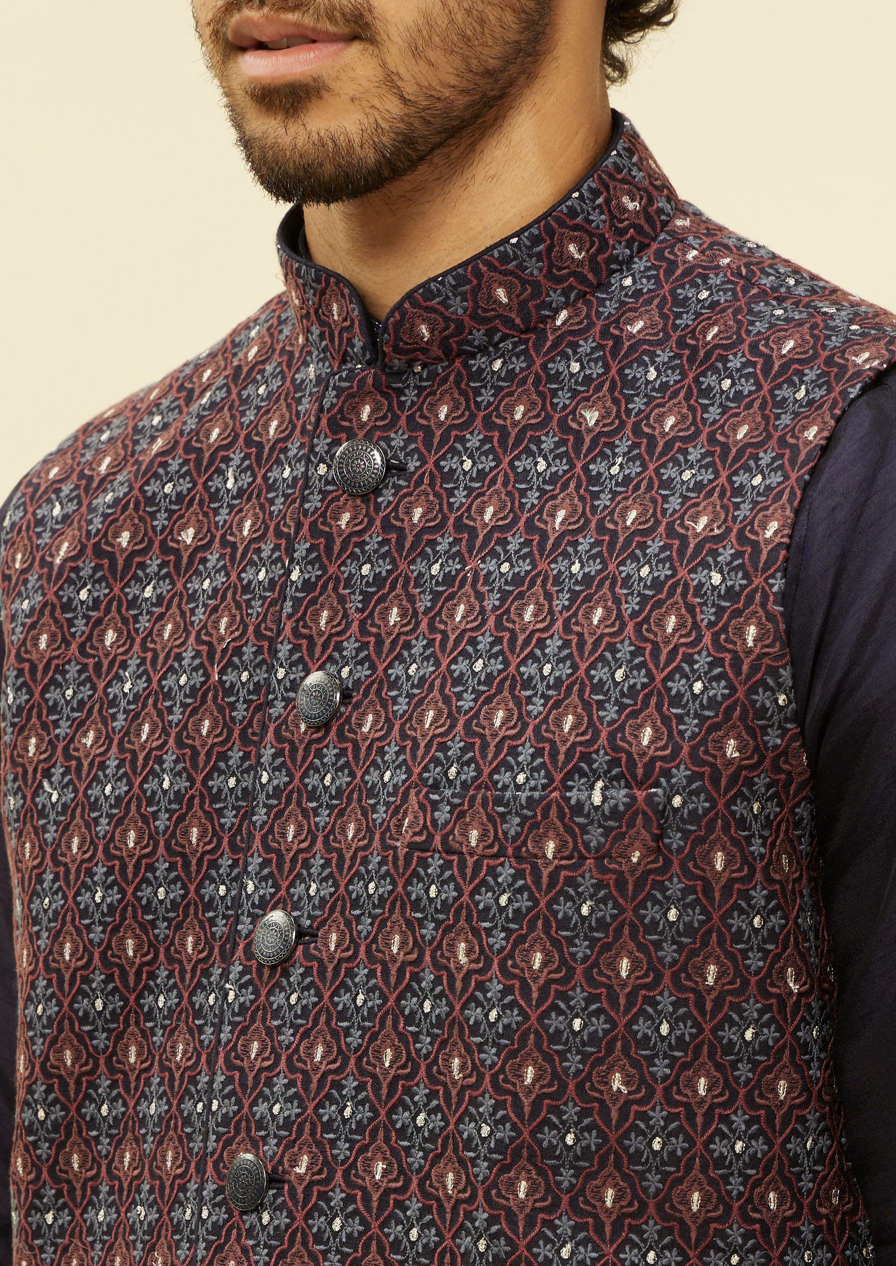 Twamev Men Dark Blue Silver Thread Jacket Set