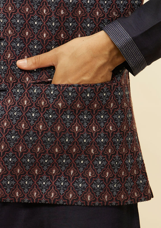 Twamev Men Dark Blue Silver Thread Jacket Set