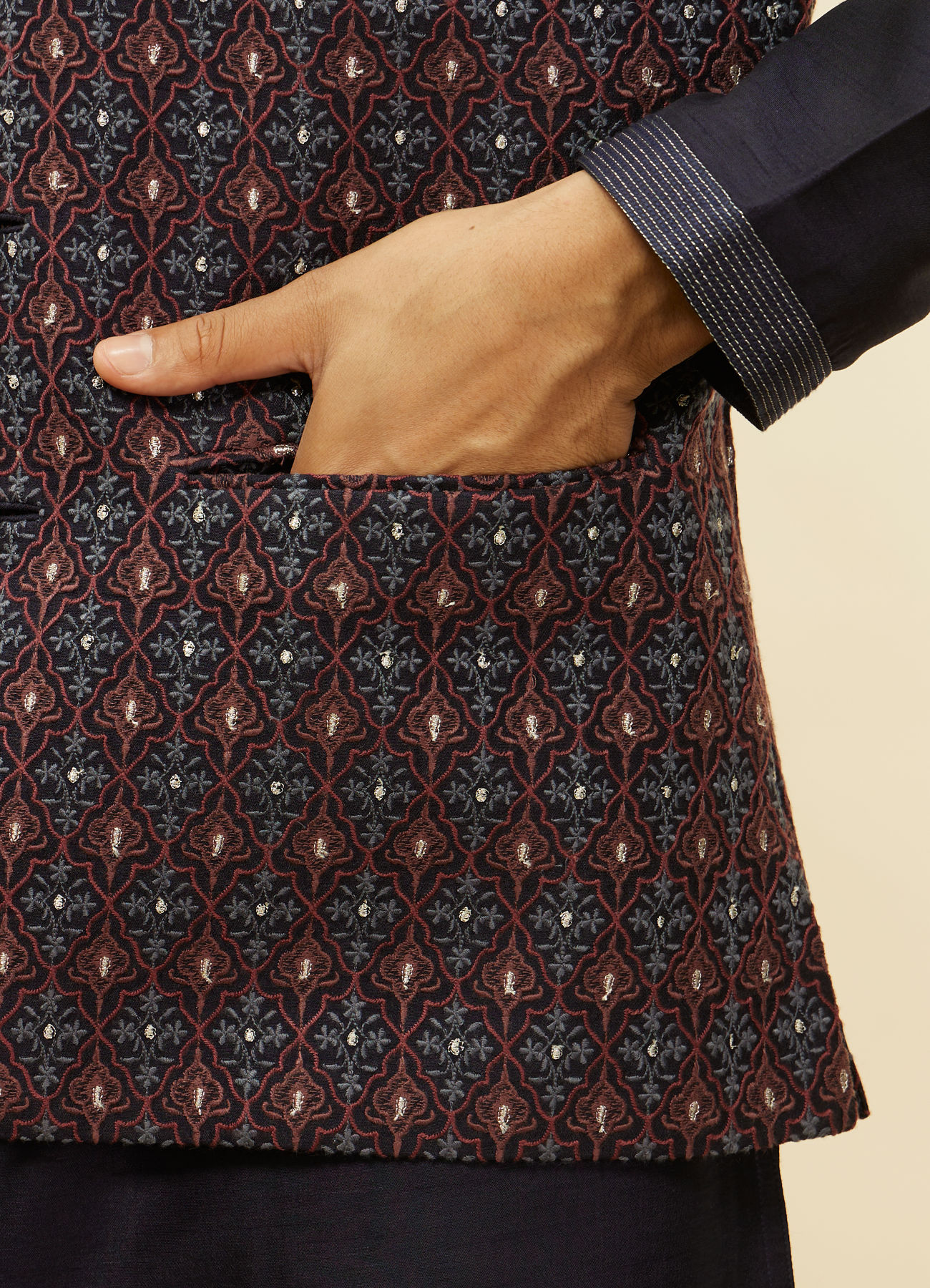 Twamev Men Dark Blue Silver Thread Jacket Set