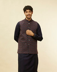 Twamev Men Dark Blue Silver Thread Jacket Set