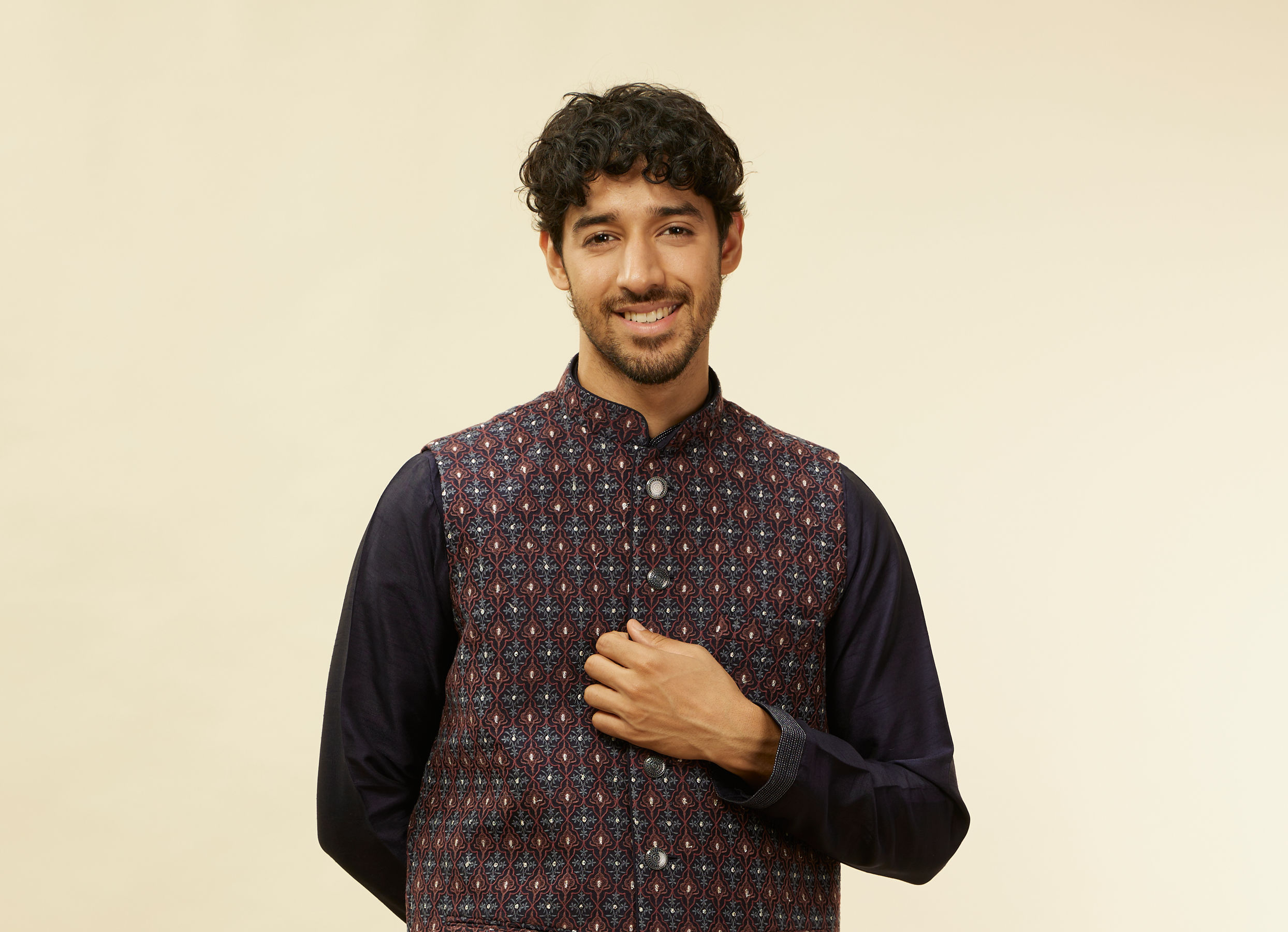 Twamev Men Dark Blue Silver Thread Jacket Set