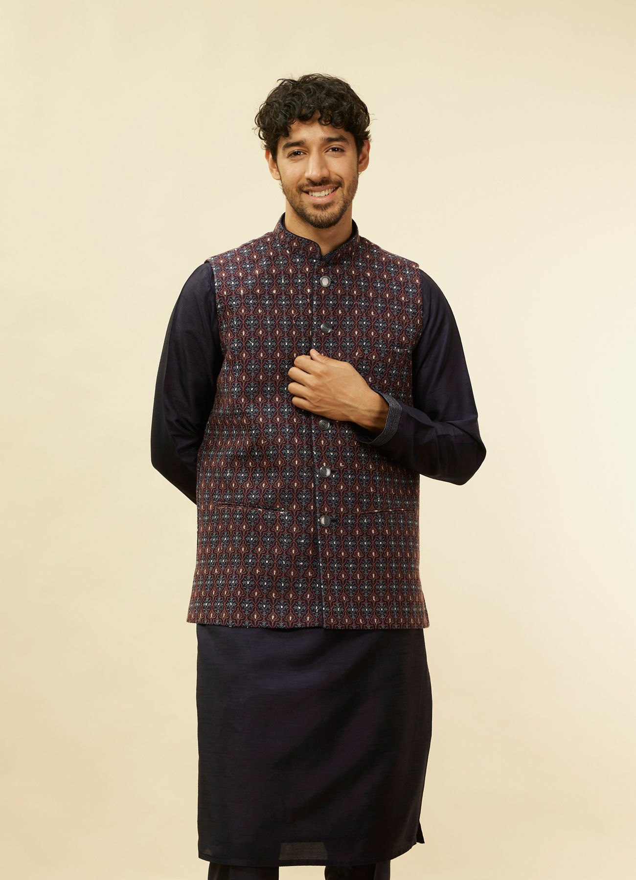 Twamev Men Dark Blue Silver Thread Jacket Set