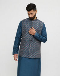 Twamev Men Teal Blue Elegance Kurta Jacket Set