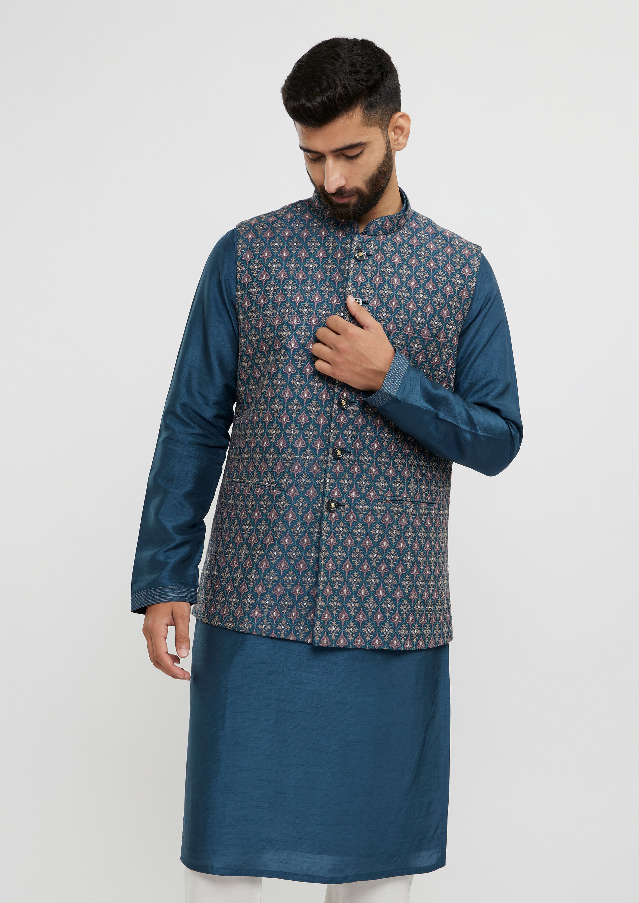 alt message - Twamev Men Teal Blue Elegance Kurta Jacket Set image number 0