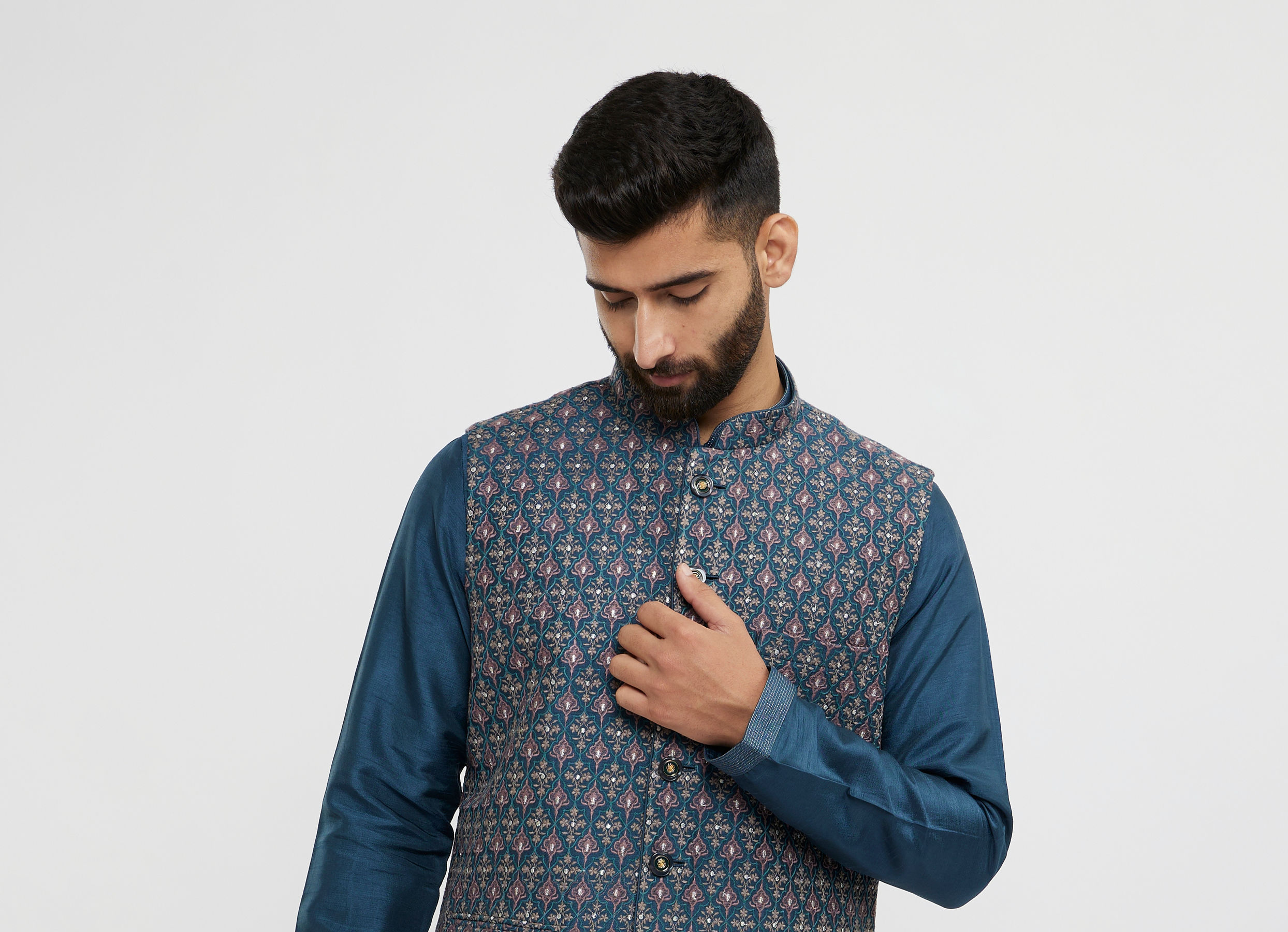 Twamev Men Teal Blue Elegance Kurta Jacket Set