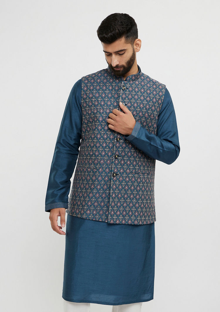 Twamev Men Teal Blue Elegance Kurta Jacket Set