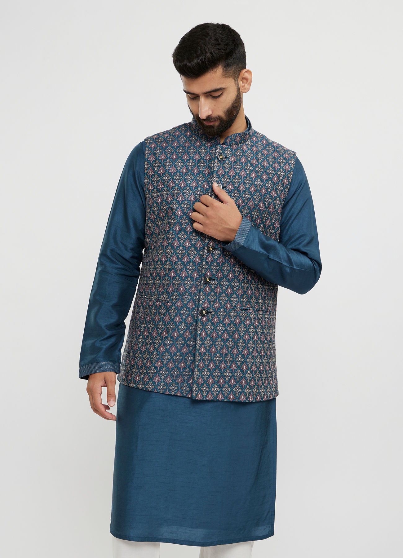 Twamev Men Teal Blue Elegance Kurta Jacket Set