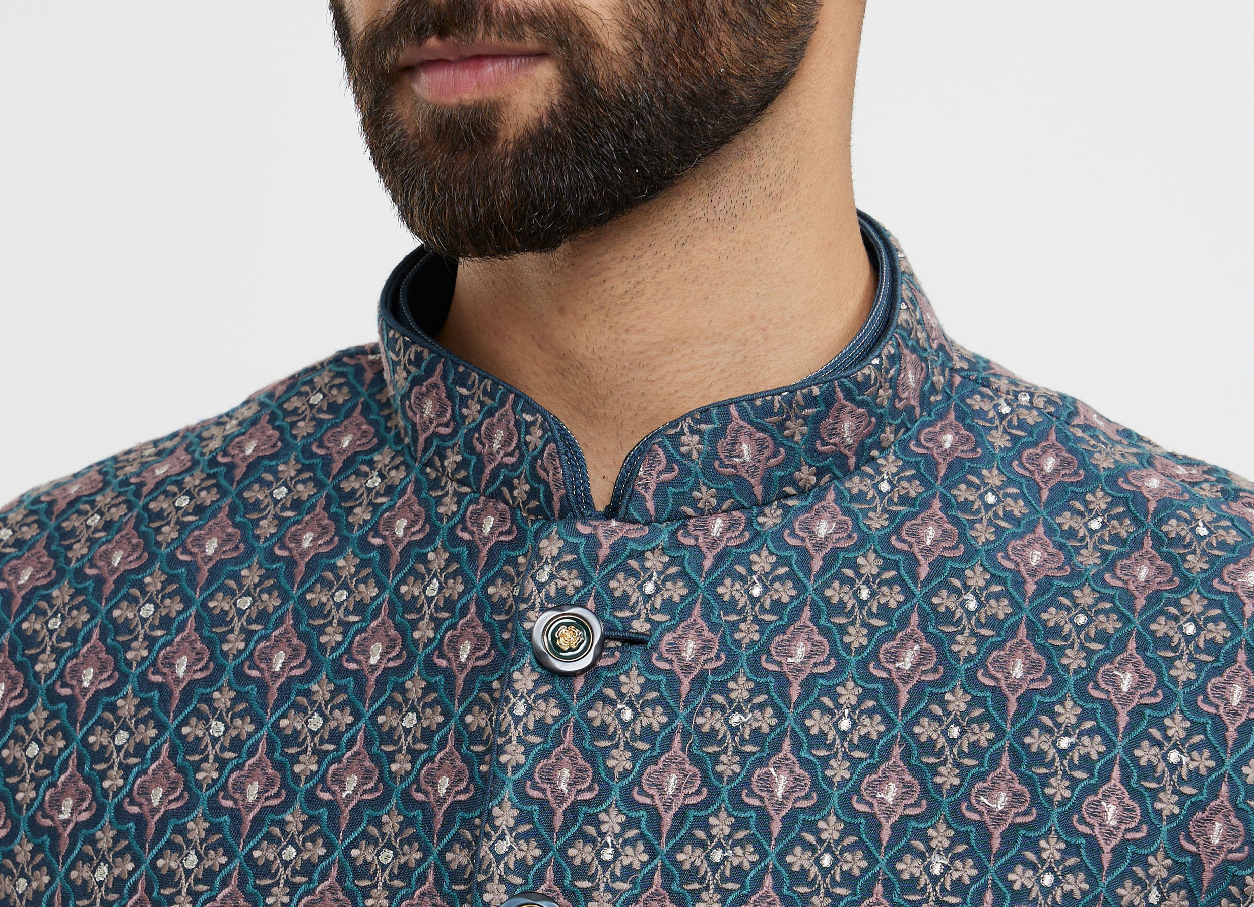 Twamev Men Teal Blue Elegance Kurta Jacket Set