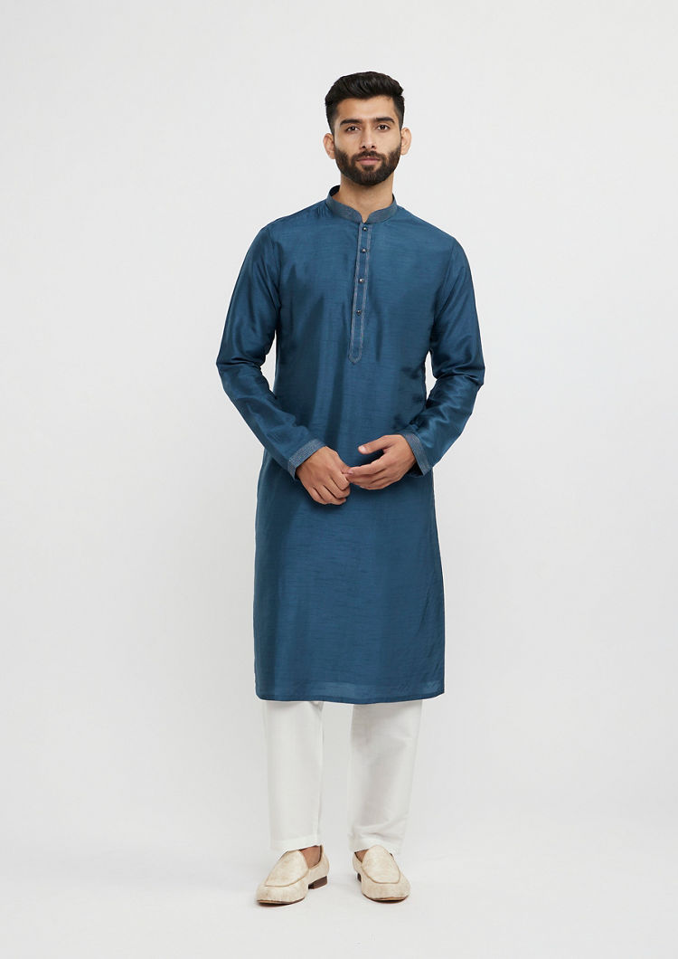 alt message - Twamev Men Teal Blue Elegance Kurta Jacket Set image number 2