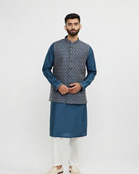 Twamev Men Teal Blue Elegance Kurta Jacket Set