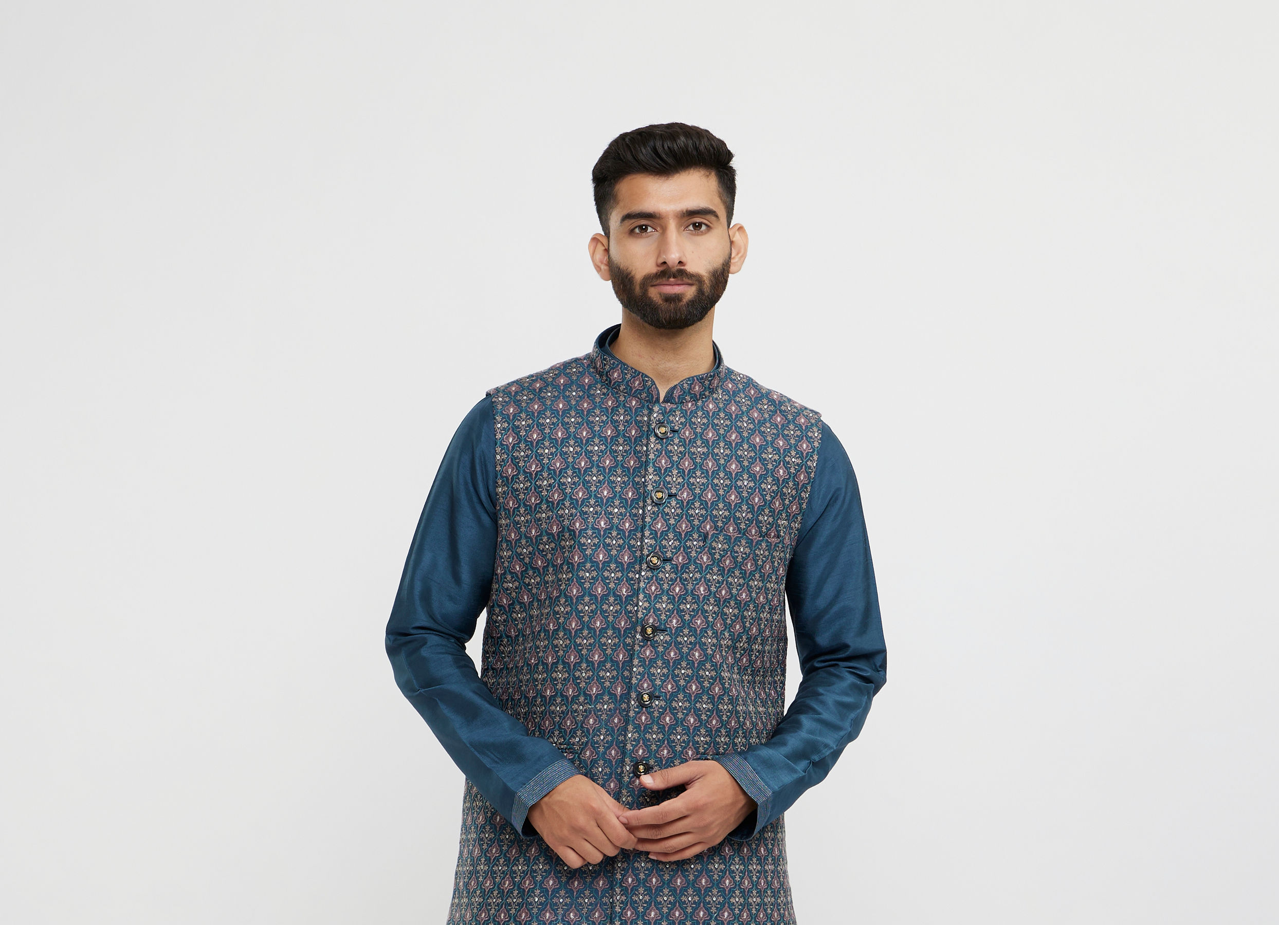 Twamev Men Teal Blue Elegance Kurta Jacket Set