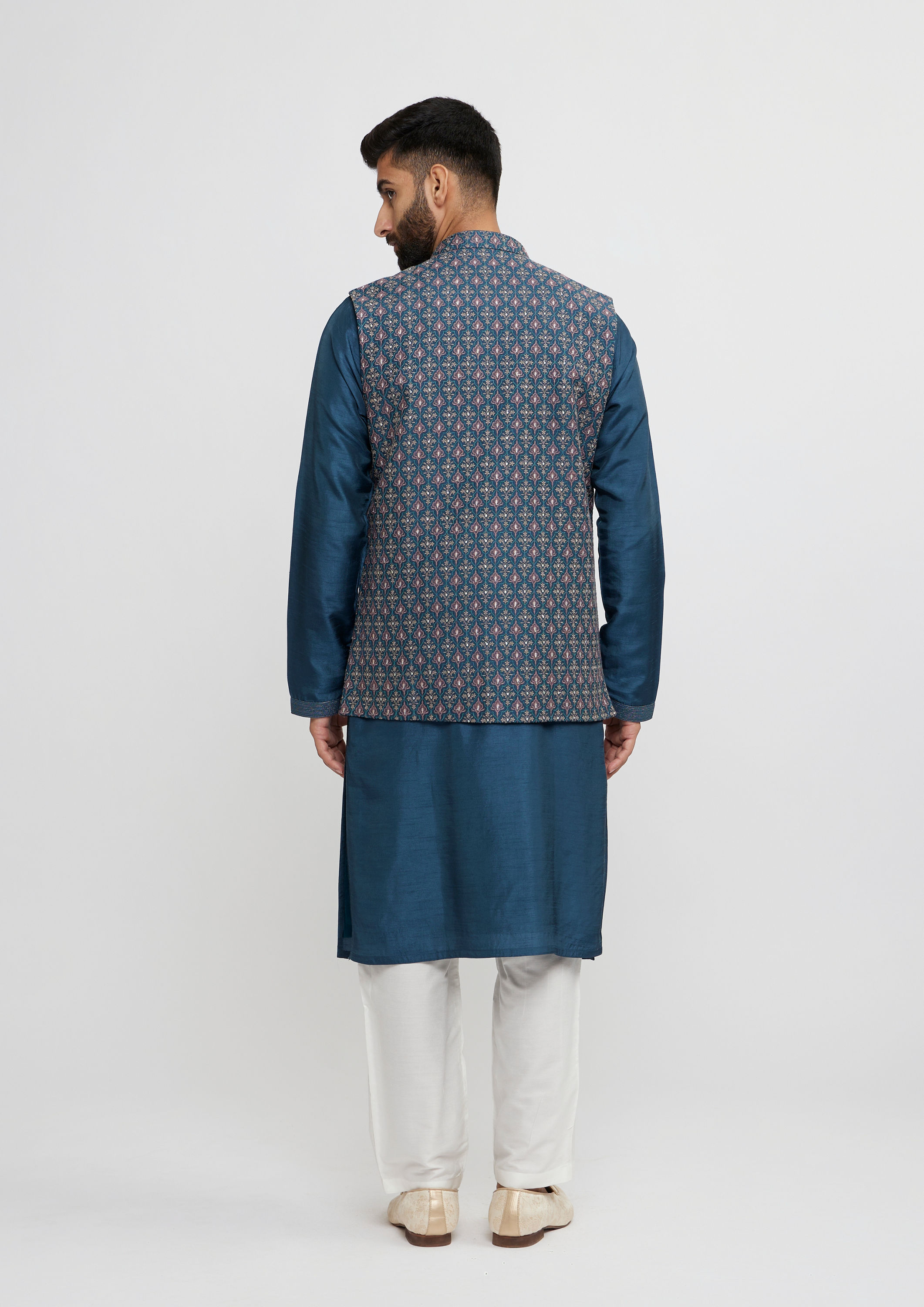 Twamev Men Teal Blue Elegance Kurta Jacket Set