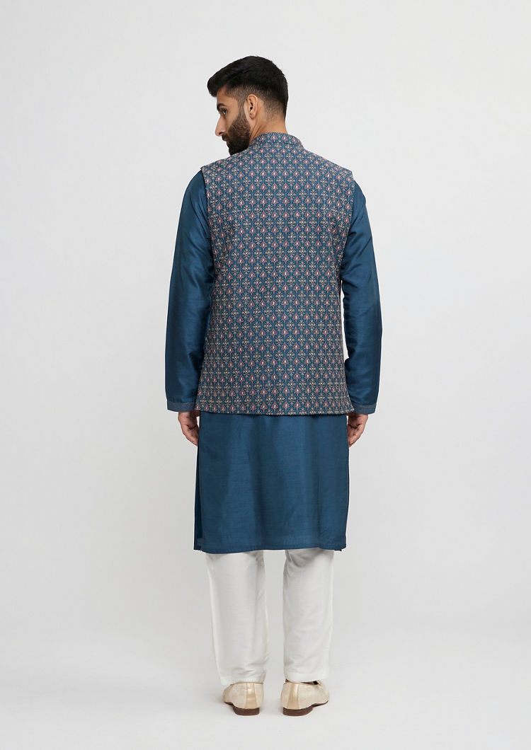 Twamev Men Teal Blue Elegance Kurta Jacket Set