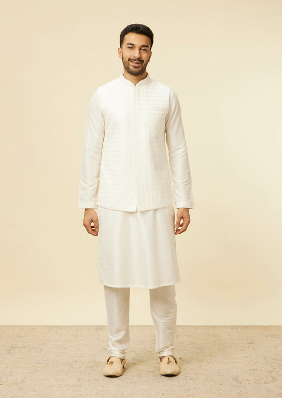 Twamev Men Warm White Self Patterned Kurta Jacket Set