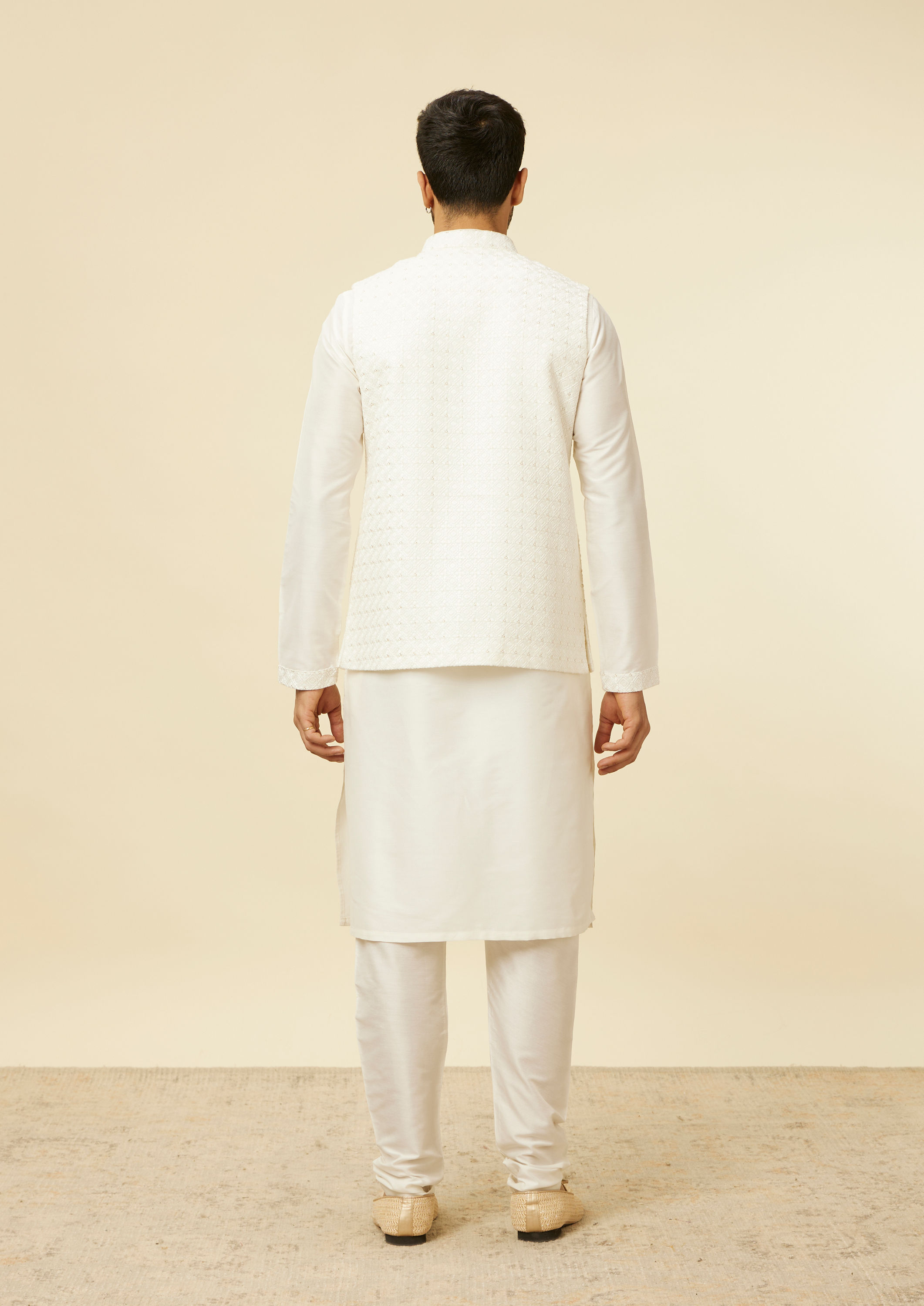 Twamev Men Warm White Self Patterned Kurta Jacket Set