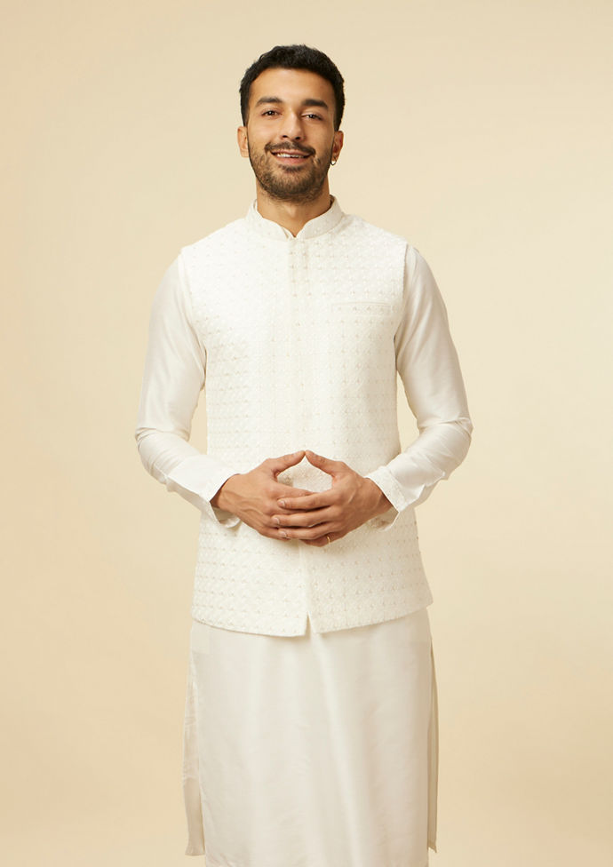 Twamev Men Warm White Self Patterned Kurta Jacket Set