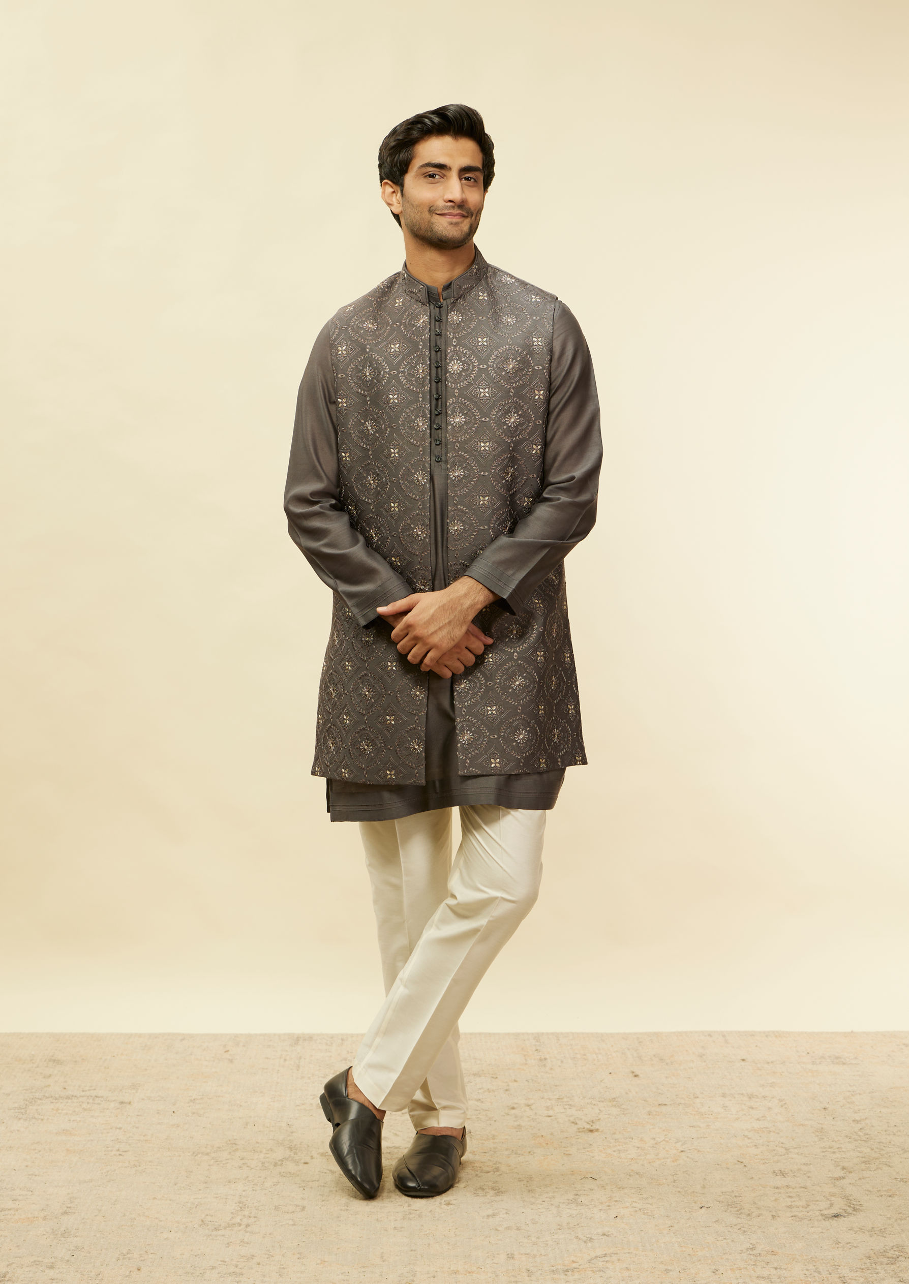 Twamev Men Sangeet Night Suave Dark Grey Jacket Set