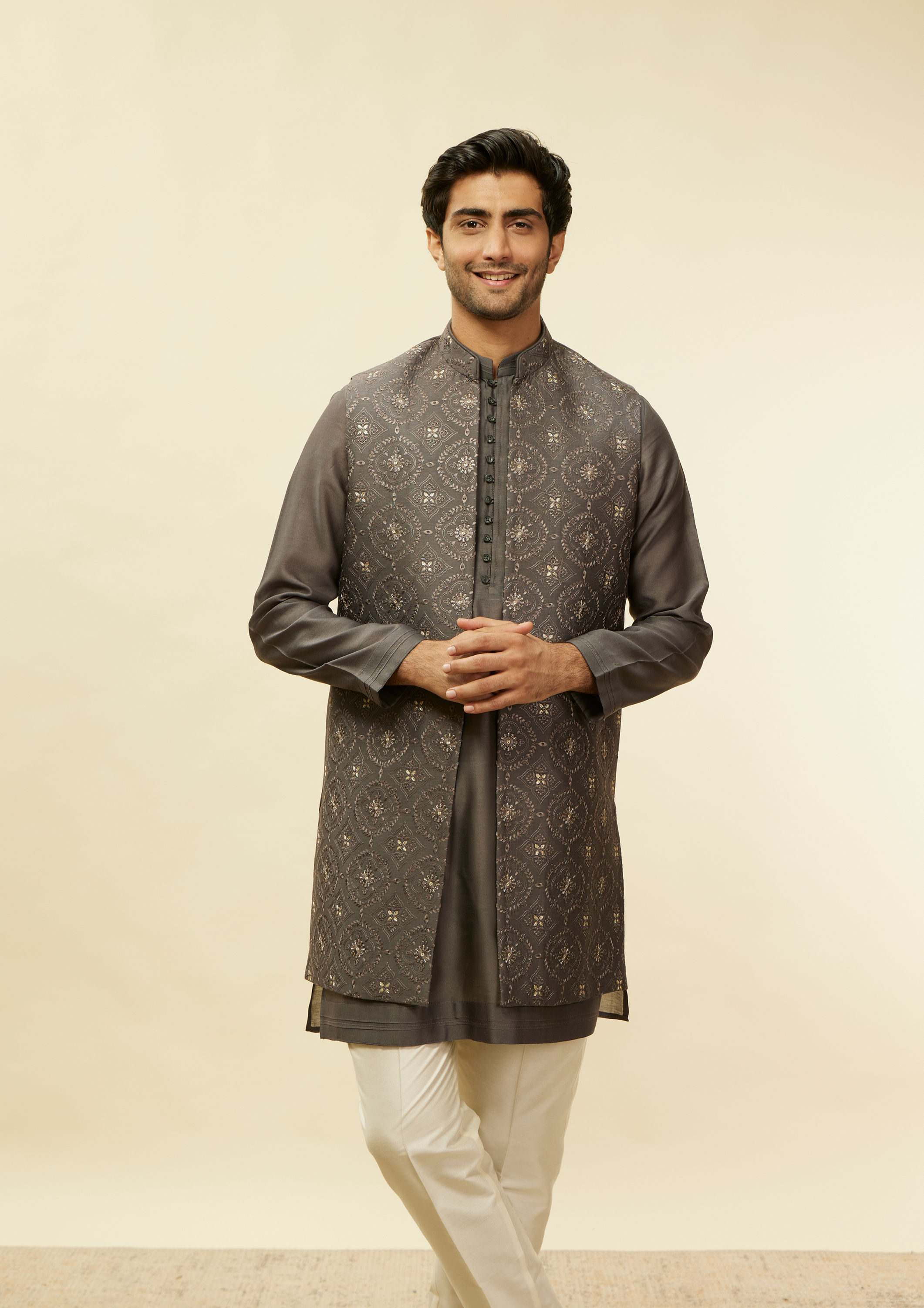 Twamev Men Sangeet Night Suave Dark Grey Jacket Set