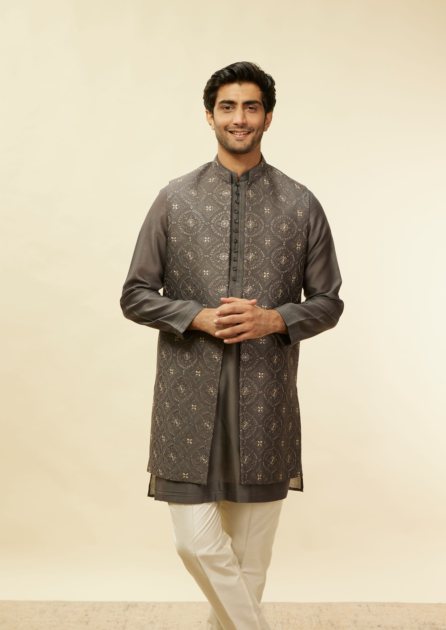 Twamev Men Sangeet Night Suave Dark Grey Jacket Set