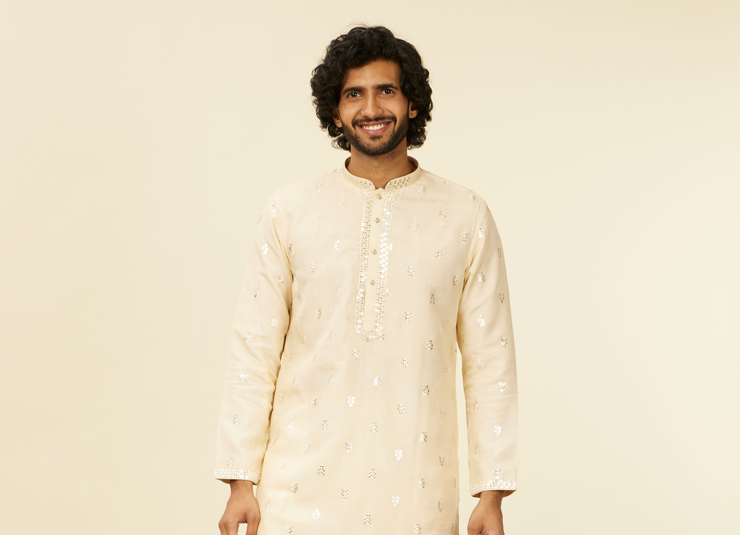 Twamev Men Cream Beige Self Patterned Mirror Work Jacket Set