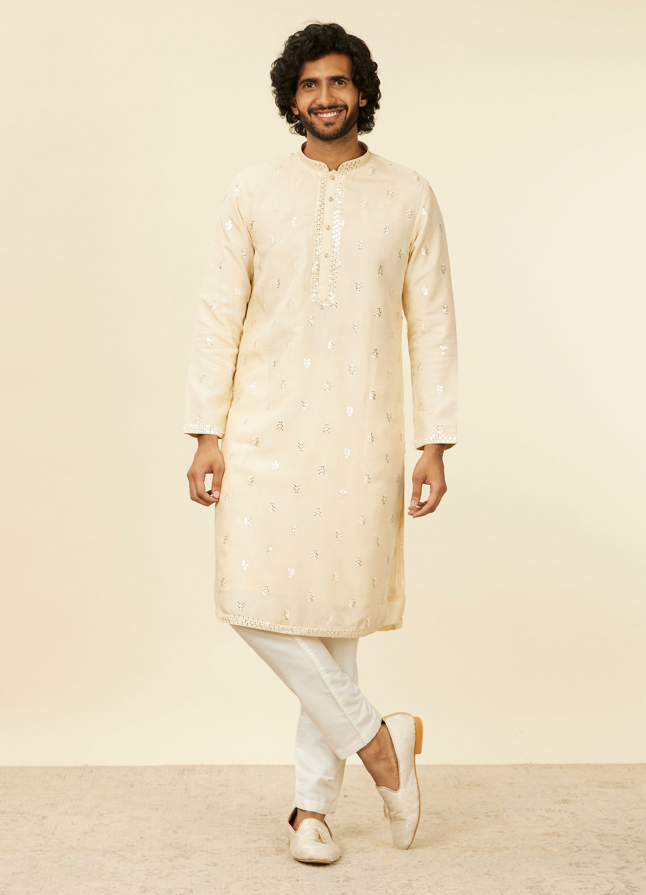 Twamev Men Cream Beige Self Patterned Mirror Work Jacket Set