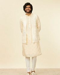 Twamev Men Cream Beige Self Patterned Mirror Work Jacket Set