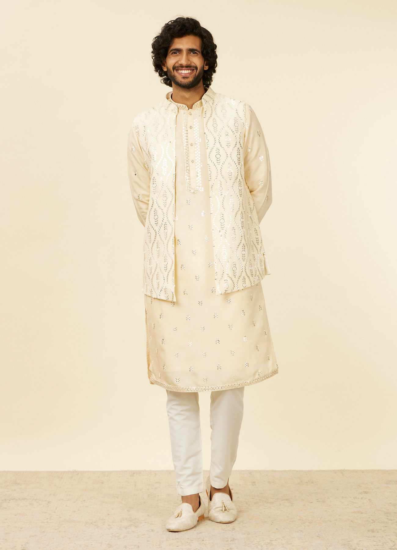 Twamev Men Cream Beige Self Patterned Mirror Work Jacket Set