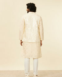 Twamev Men Cream Beige Self Patterned Mirror Work Jacket Set