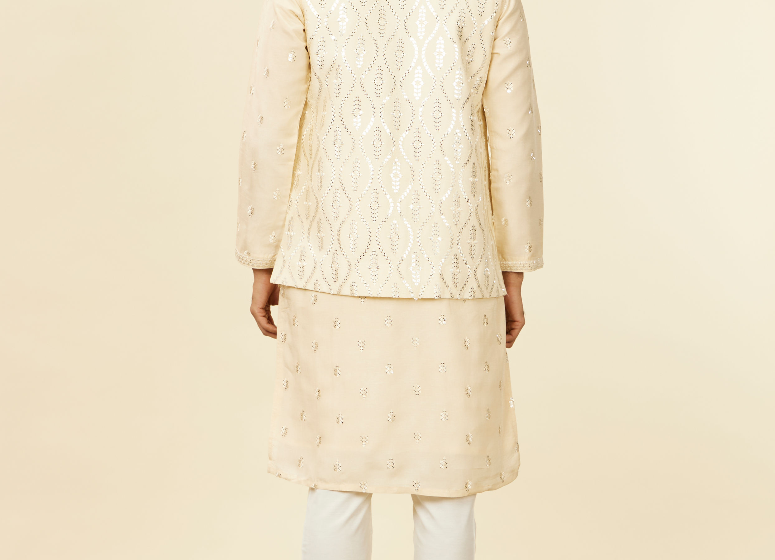 Twamev Men Cream Beige Self Patterned Mirror Work Jacket Set