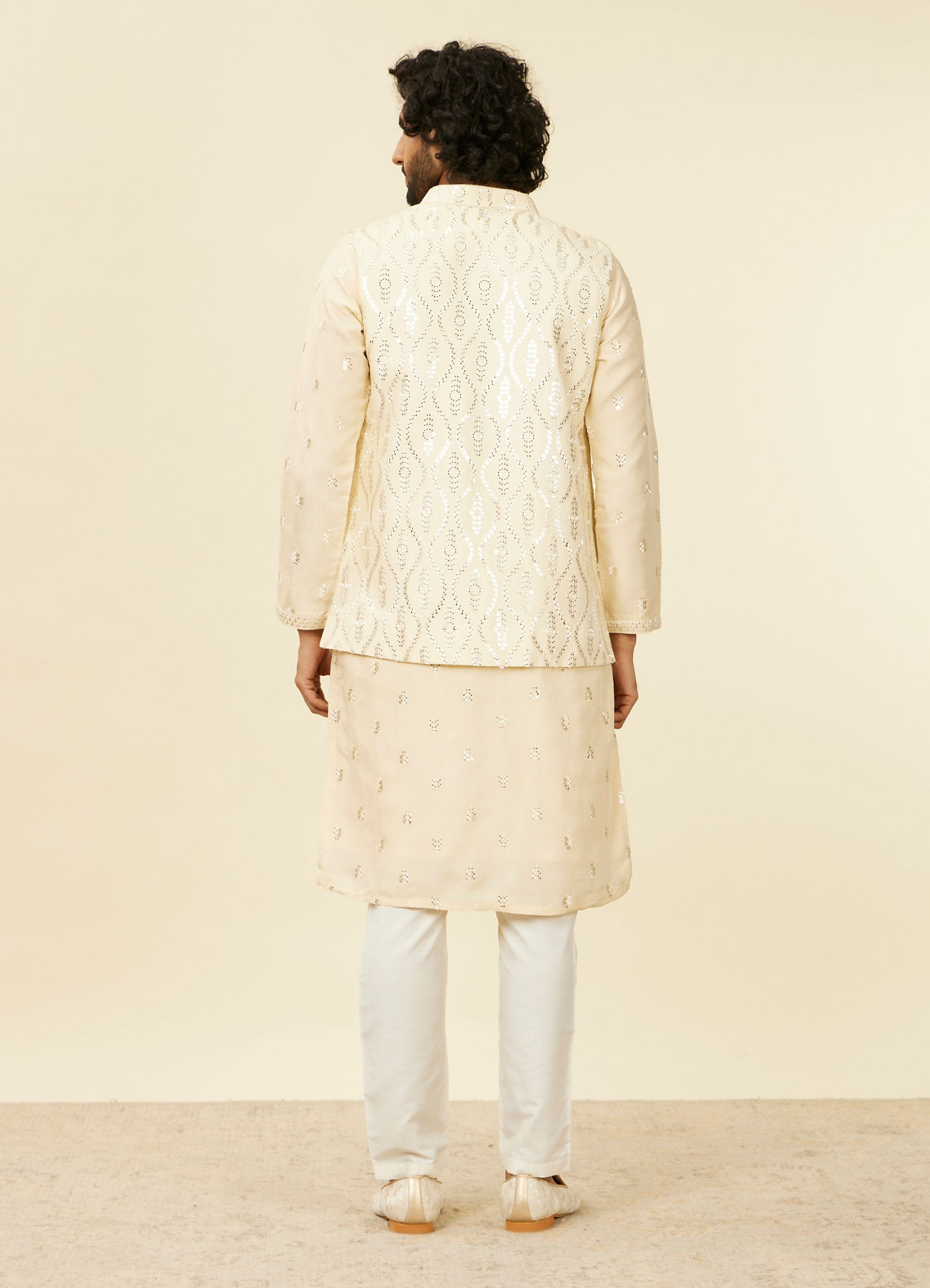 Twamev Men Cream Beige Self Patterned Mirror Work Jacket Set