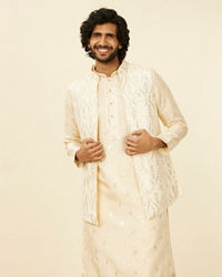 Twamev Men Cream Beige Self Patterned Mirror Work Jacket Set
