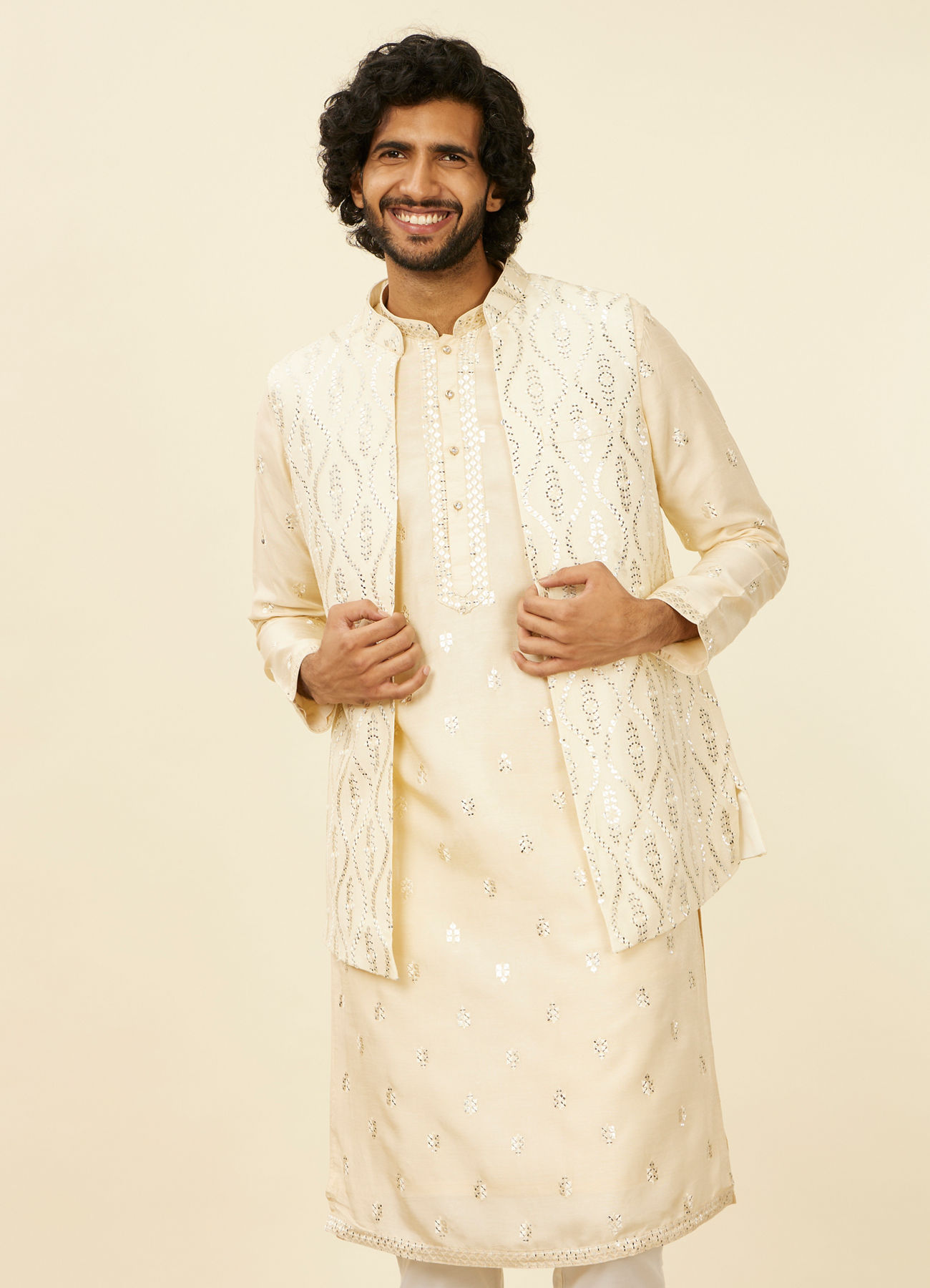 Twamev Men Cream Beige Self Patterned Mirror Work Jacket Set