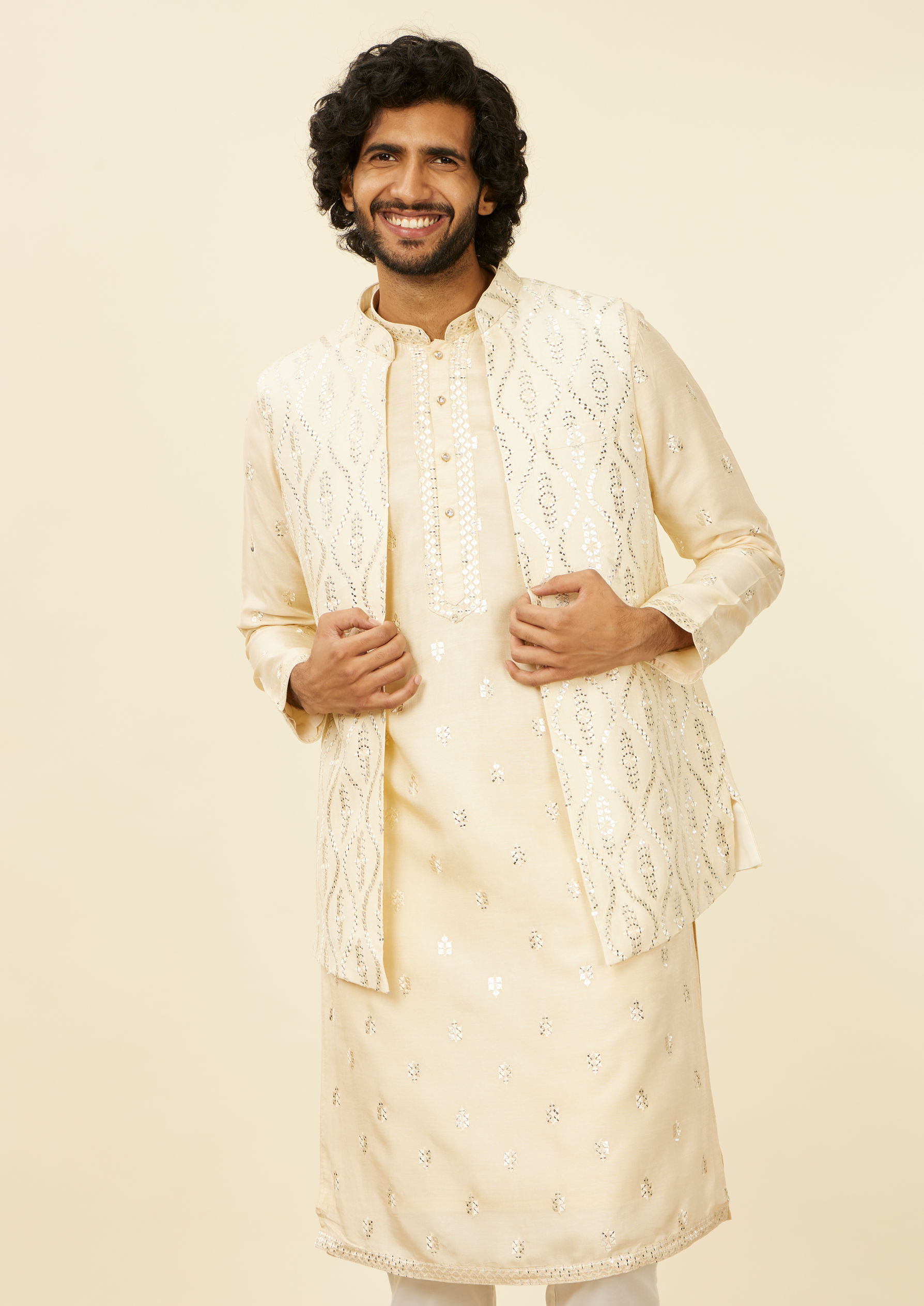 Twamev Men Cream Beige Self Patterned Mirror Work Jacket Set