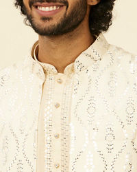 Twamev Men Cream Beige Self Patterned Mirror Work Jacket Set