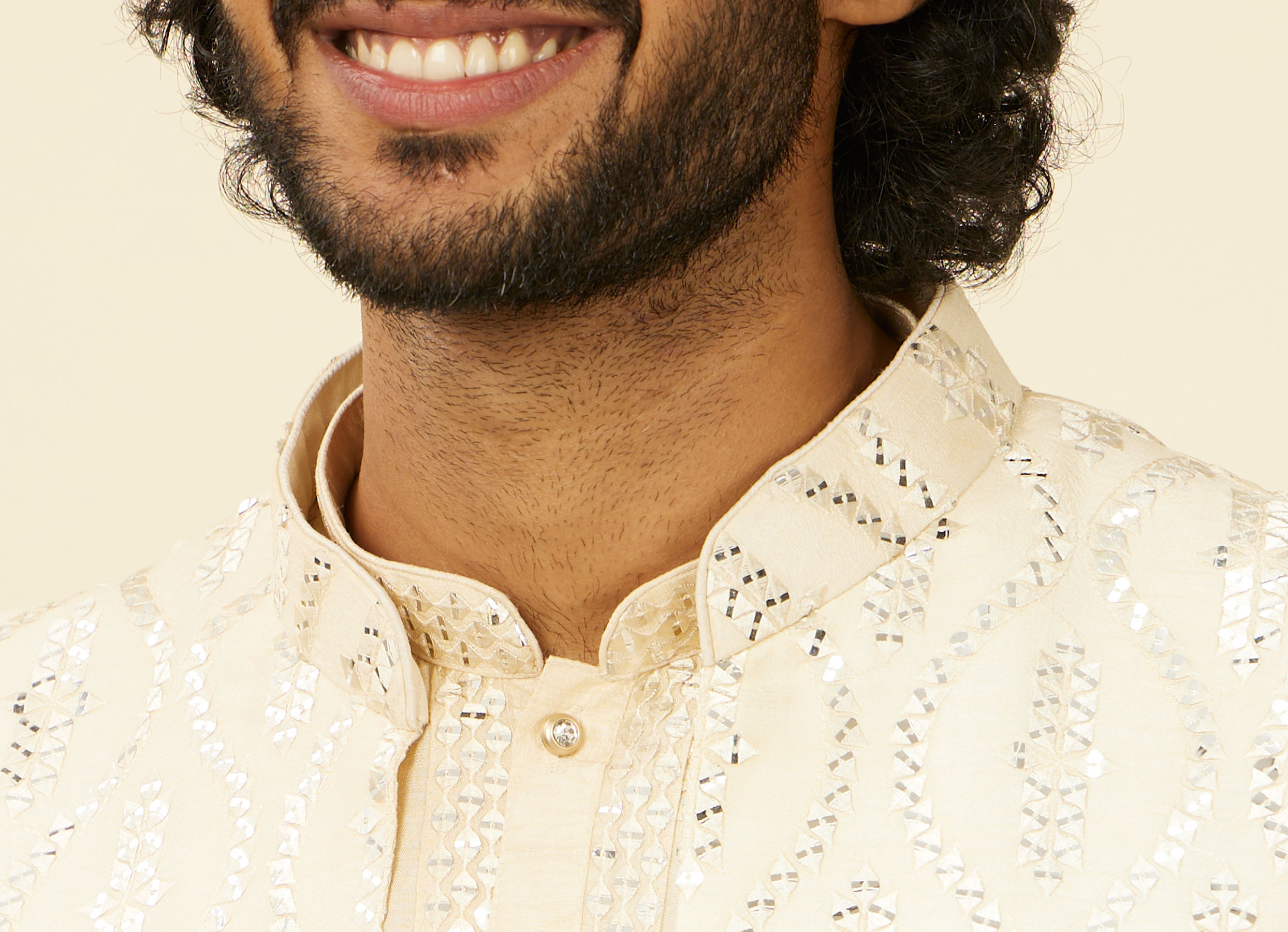 Twamev Men Cream Beige Self Patterned Mirror Work Jacket Set