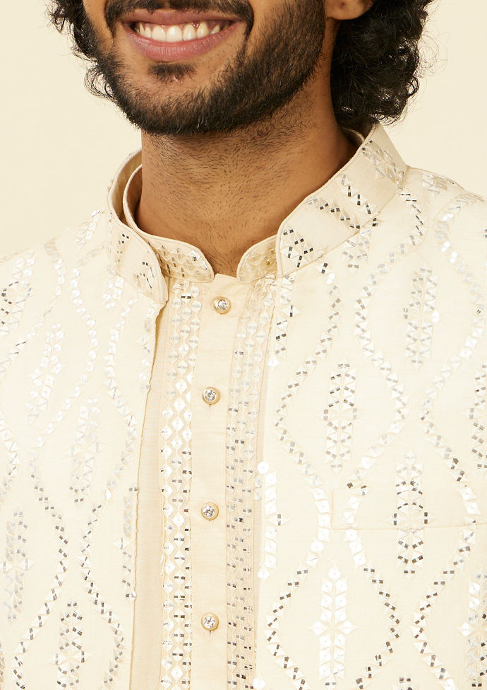 Twamev Men Cream Silk Medallion Mirror Work Jacket Set
