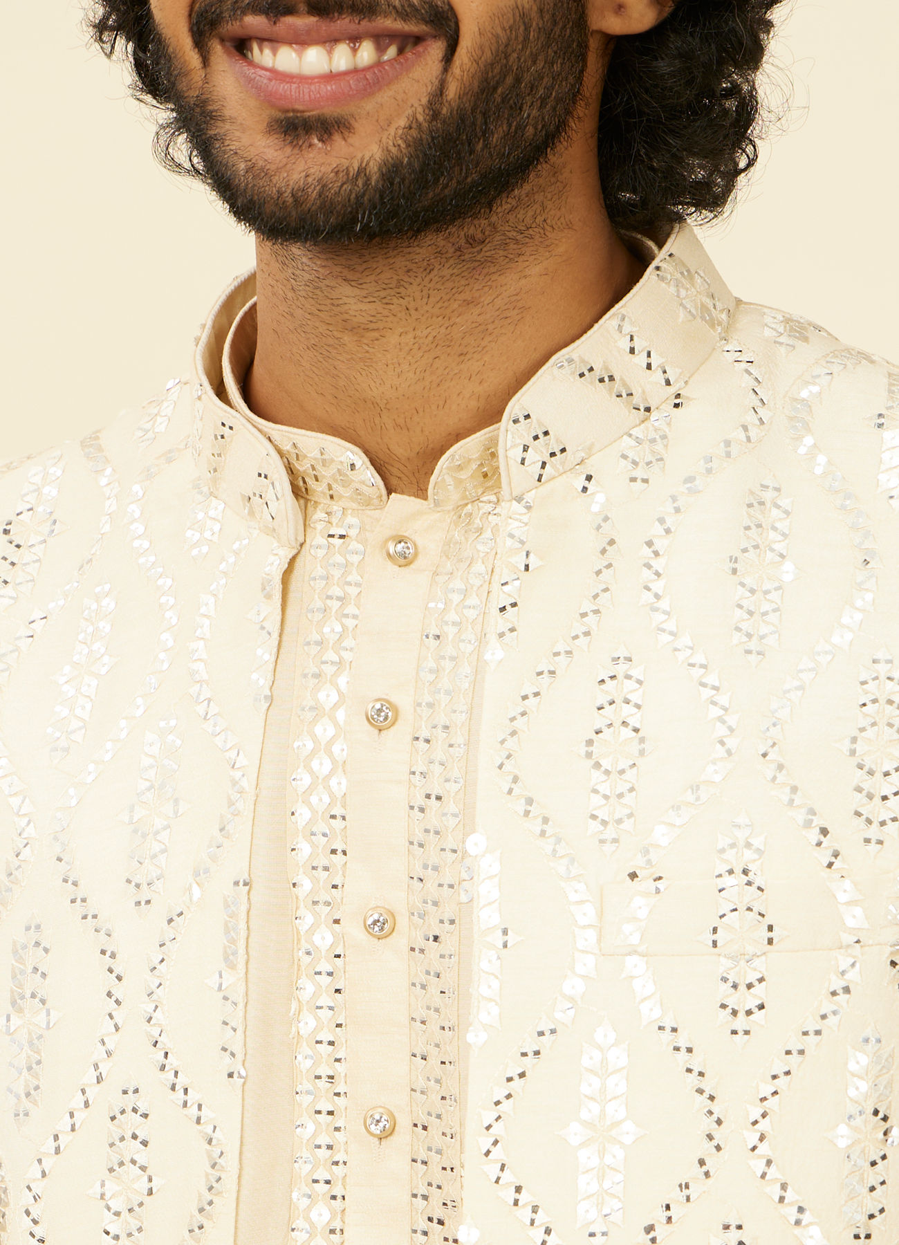 Twamev Men Cream Beige Self Patterned Mirror Work Jacket Set