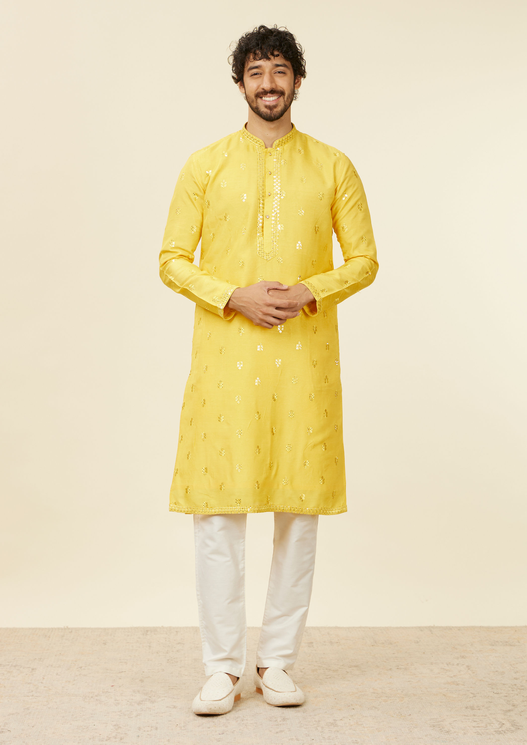 Twamev Men Mustard Yellow Medallion Patterned Kurta Jacket Set with Mirror Work